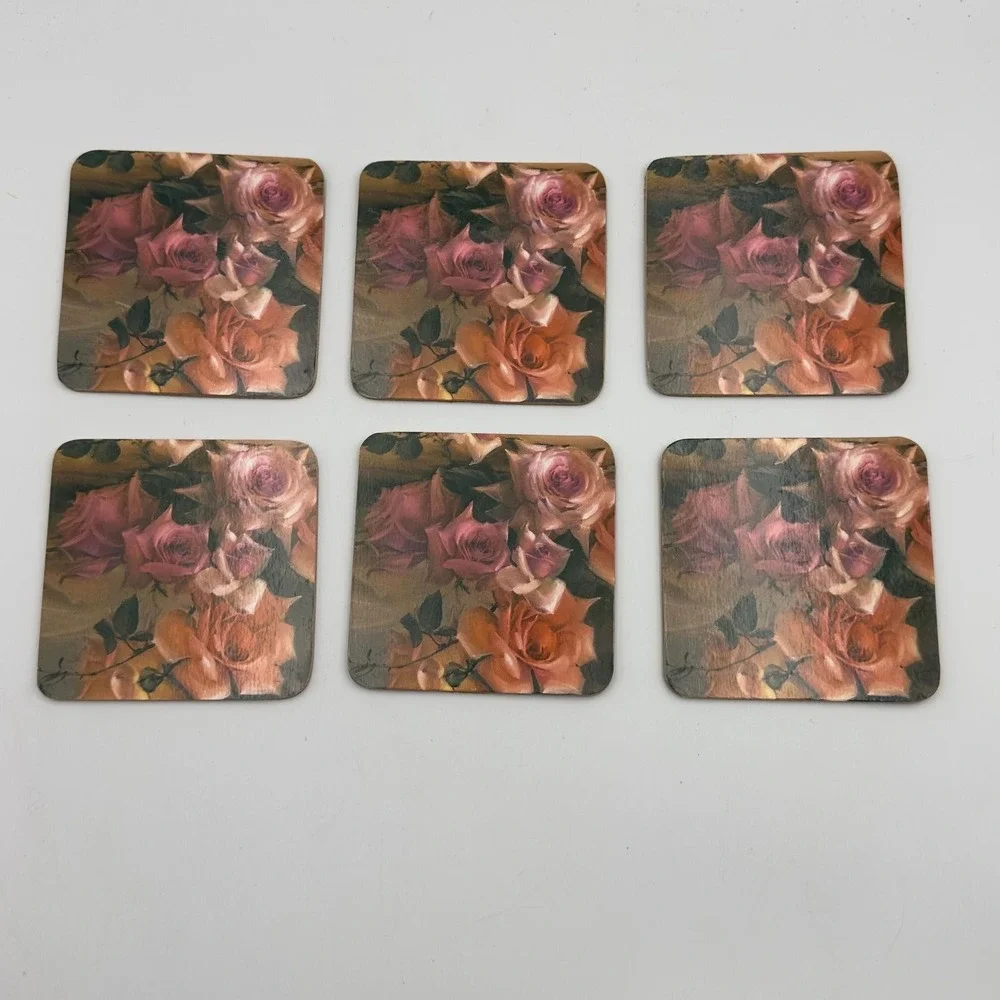 Vintage Style Floral Rose Cork Backed Coasters Set of 6 Pink Peach Shabby Chic